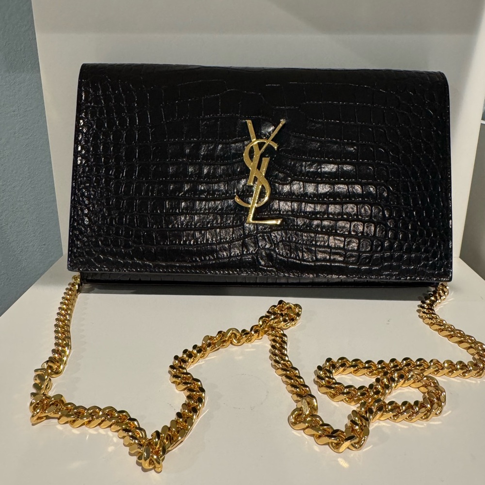 Yves Saint Laurent Black and Gold Croc-Embossed WOC